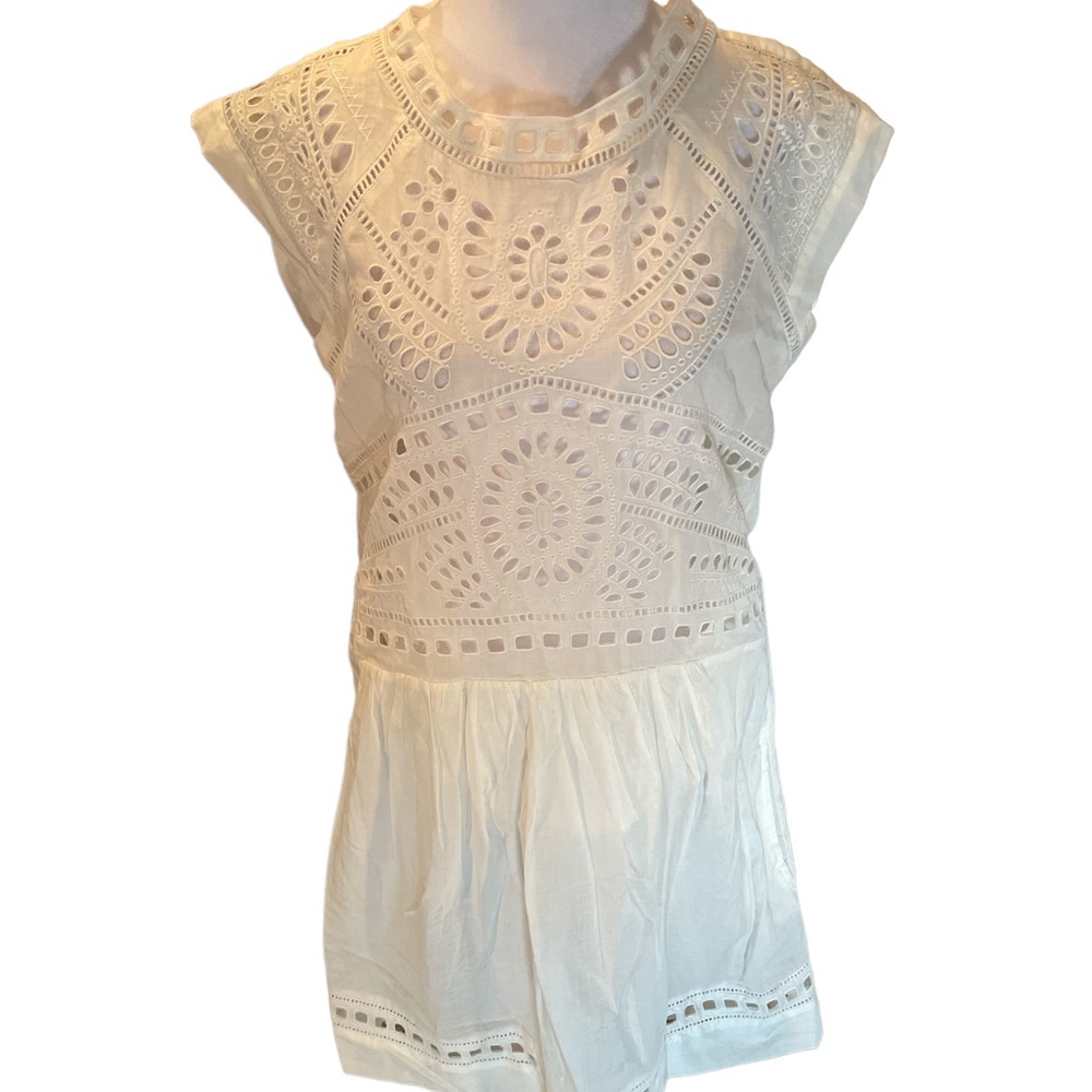 Olivaceous Off-White Eyelet Sheer Lightweight Knee Length Short Sleeve Dress L